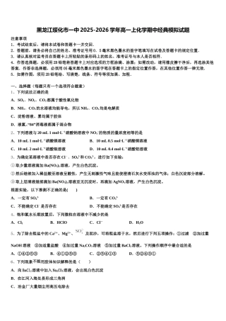 黑龙江绥化市一中2025-2026学年高一上化学期中经典模拟试题含解析