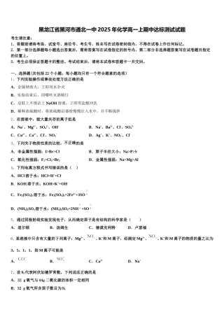 黑龙江省黑河市通北一中2025年化学高一上期中达标测试试题含解析