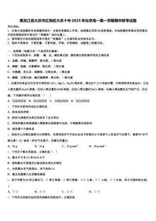 黑龙江省大庆市红岗区大庆十中2025年化学高一第一学期期中联考试题含解析
