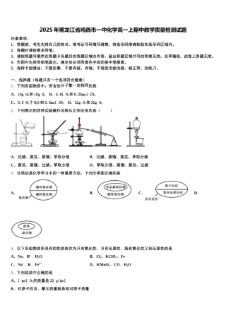 2025年黑龙江省鸡西市一中化学高一上期中教学质量检测试题含解析