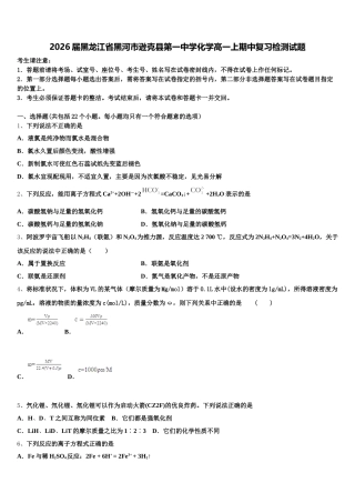 2026届黑龙江省黑河市逊克县第一中学化学高一上期中复习检测试题含解析