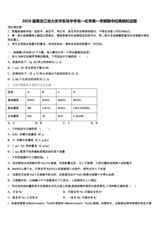 2026届黑龙江省大庆市东风中学高一化学第一学期期中经典模拟试题含解析