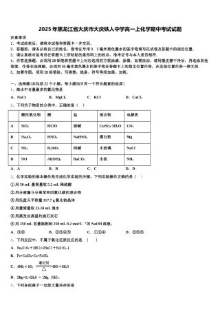 2025年黑龙江省大庆市大庆铁人中学高一上化学期中考试试题含解析