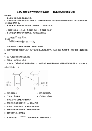 2026届黑龙江齐齐哈尔市化学高一上期中综合测试模拟试题含解析