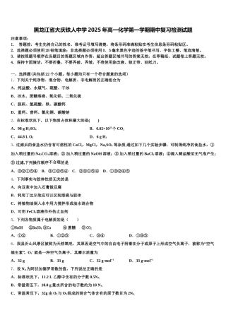 黑龙江省大庆铁人中学2025年高一化学第一学期期中复习检测试题含解析