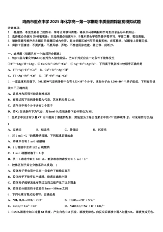 鸡西市重点中学2025年化学高一第一学期期中质量跟踪监视模拟试题含解析