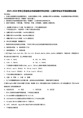2025-2026学年江苏省东台市梁垛镇中学化学高一上期中学业水平测试模拟试题含解析
