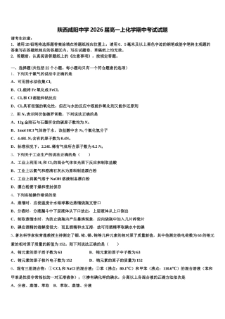 陕西咸阳中学2026届高一上化学期中考试试题含解析