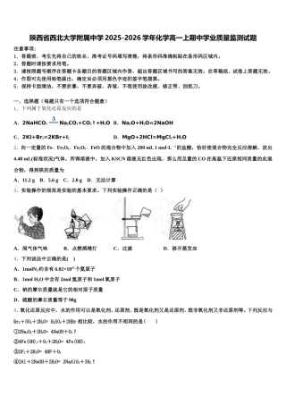 陕西省西北大学附属中学2025-2026学年化学高一上期中学业质量监测试题含解析