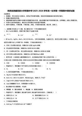 陕西省西藏民族大学附属中学2025-2026学年高一化学第一学期期中调研试题含解析