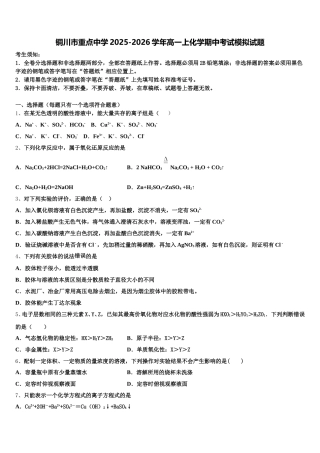 铜川市重点中学2025-2026学年高一上化学期中考试模拟试题含解析