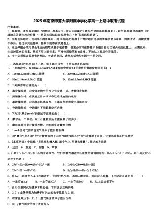 2025年南京师范大学附属中学化学高一上期中联考试题含解析