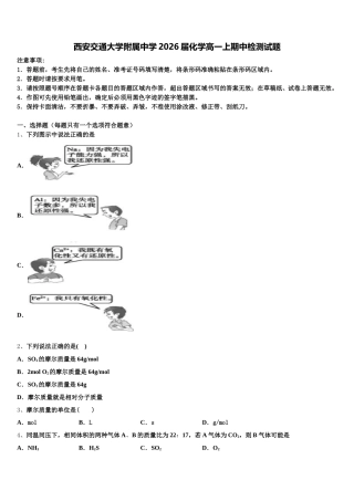 西安交通大学附属中学2026届化学高一上期中检测试题含解析