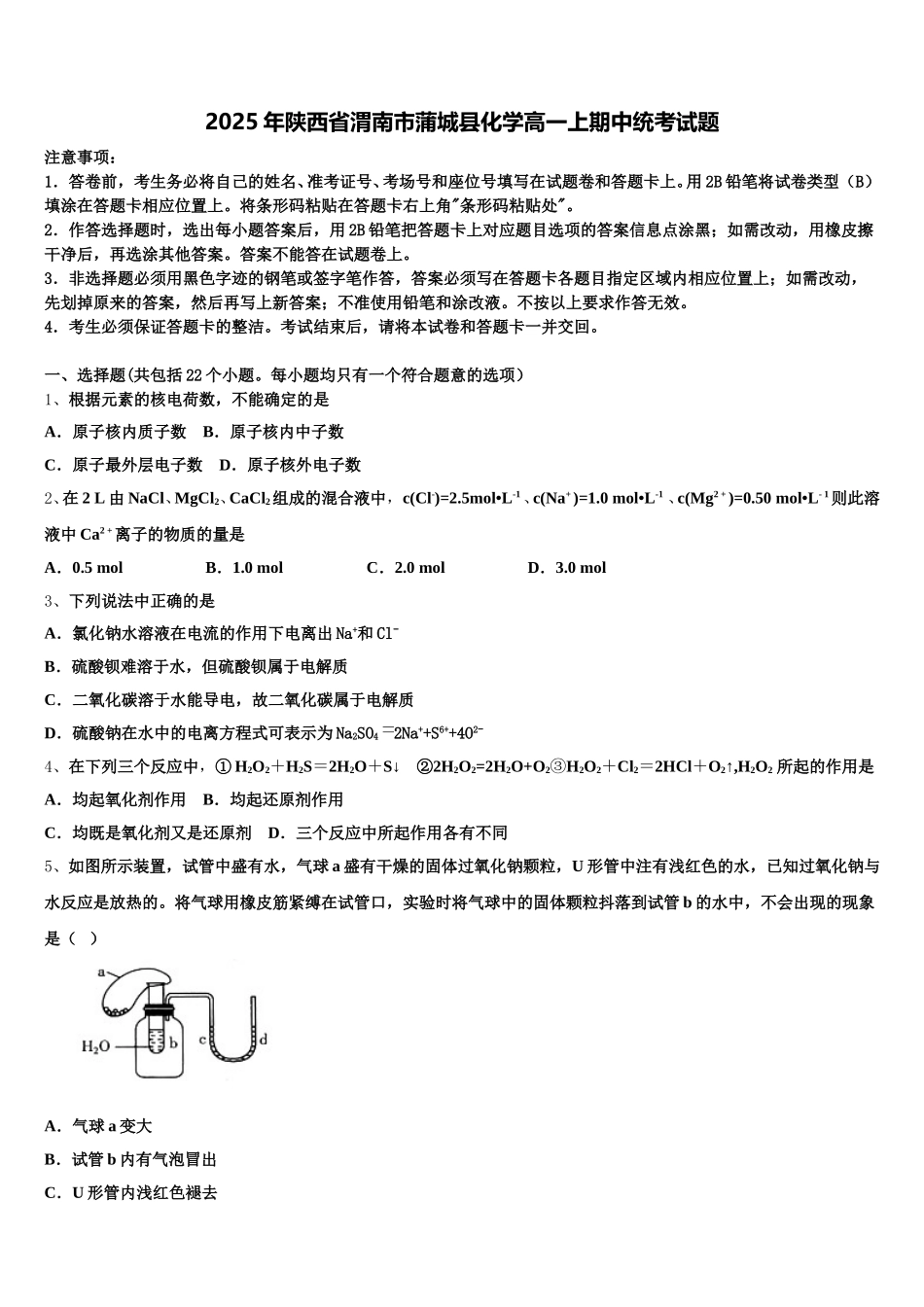2025年陕西省渭南市蒲城县化学高一上期中统考试题含解析_第1页