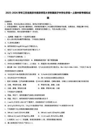 2025-2026学年江苏省南京市南京师范大学附属扬子中学化学高一上期中联考模拟试题含解析