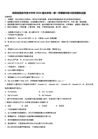 陕西省西安市育才中学2026届化学高一第一学期期中复习检测模拟试题含解析