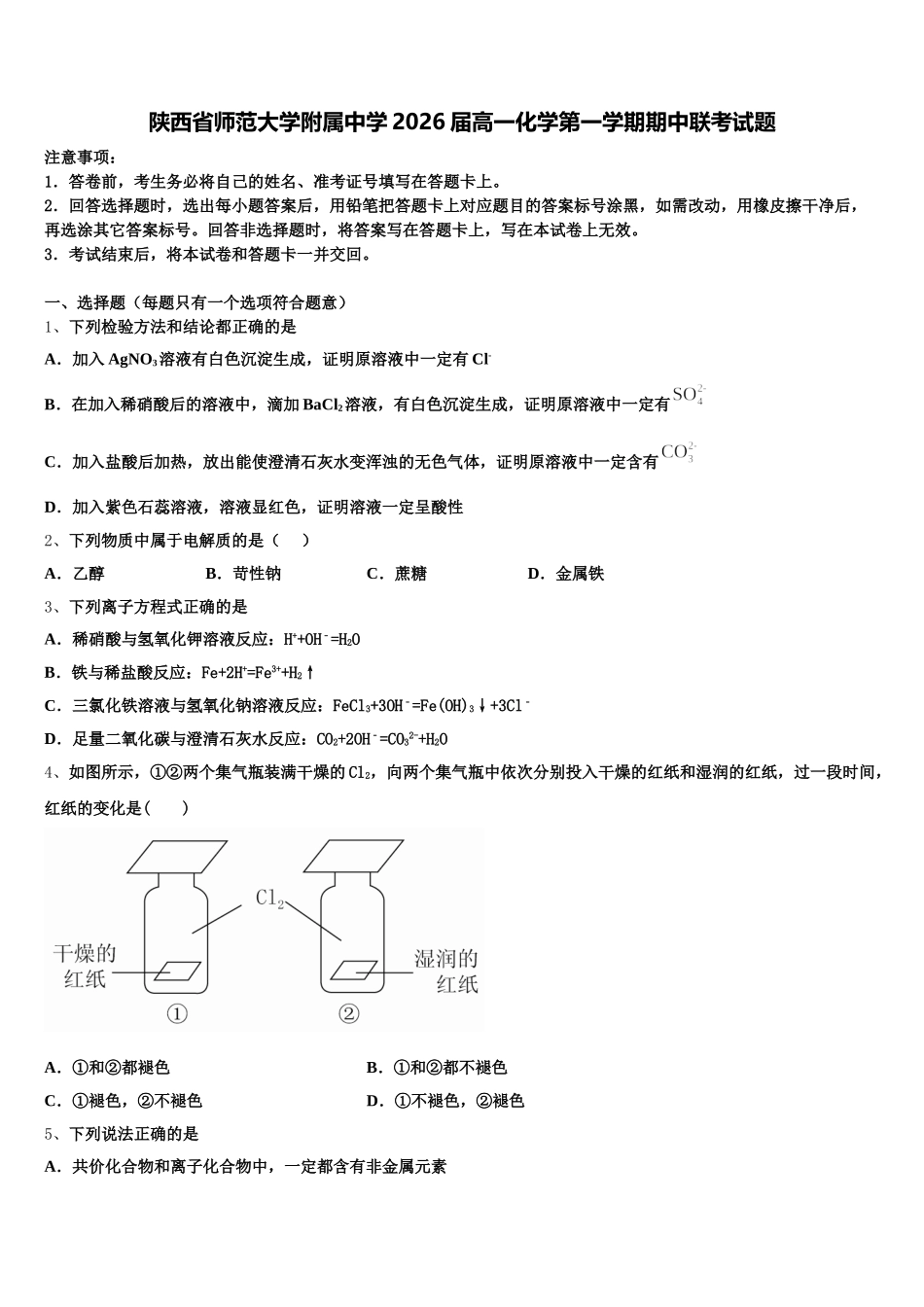 陕西省师范大学附属中学2026届高一化学第一学期期中联考试题含解析_第1页