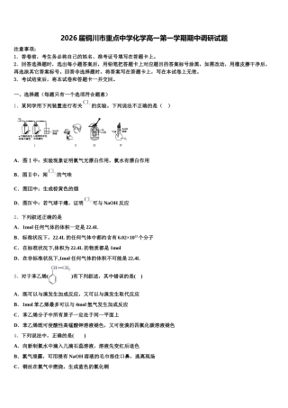 2026届铜川市重点中学化学高一第一学期期中调研试题含解析