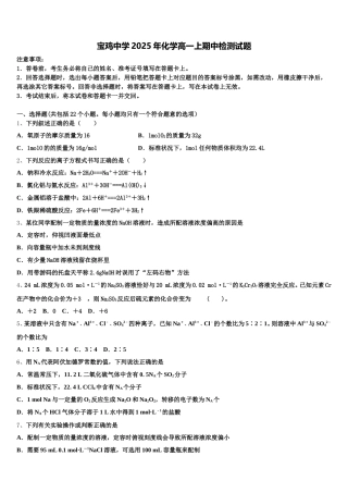 宝鸡中学2025年化学高一上期中检测试题含解析