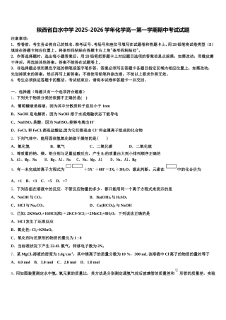 陕西省白水中学2025-2026学年化学高一第一学期期中考试试题含解析
