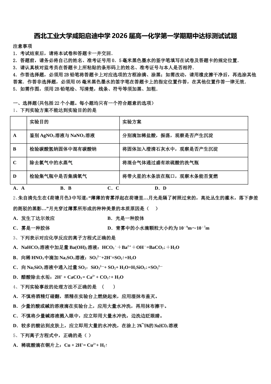 西北工业大学咸阳启迪中学2026届高一化学第一学期期中达标测试试题含解析_第1页