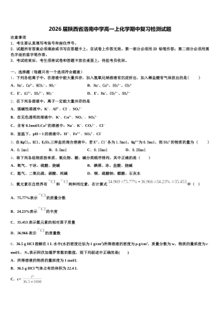 2026届陕西省洛南中学高一上化学期中复习检测试题含解析