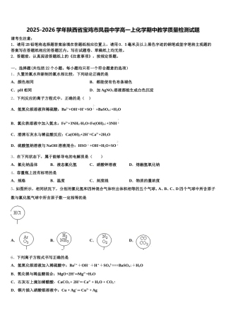 2025-2026学年陕西省宝鸡市凤县中学高一上化学期中教学质量检测试题含解析