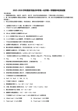2025-2026学年西安市重点中学高一化学第一学期期中检测试题含解析