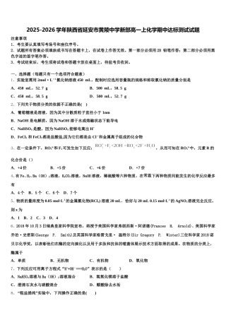 2025-2026学年陕西省延安市黄陵中学新部高一上化学期中达标测试试题含解析