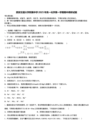 西安交通大学附属中学2025年高一化学第一学期期中调研试题含解析