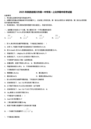 2025年陕西省铜川市第一中学高一上化学期中统考试题含解析