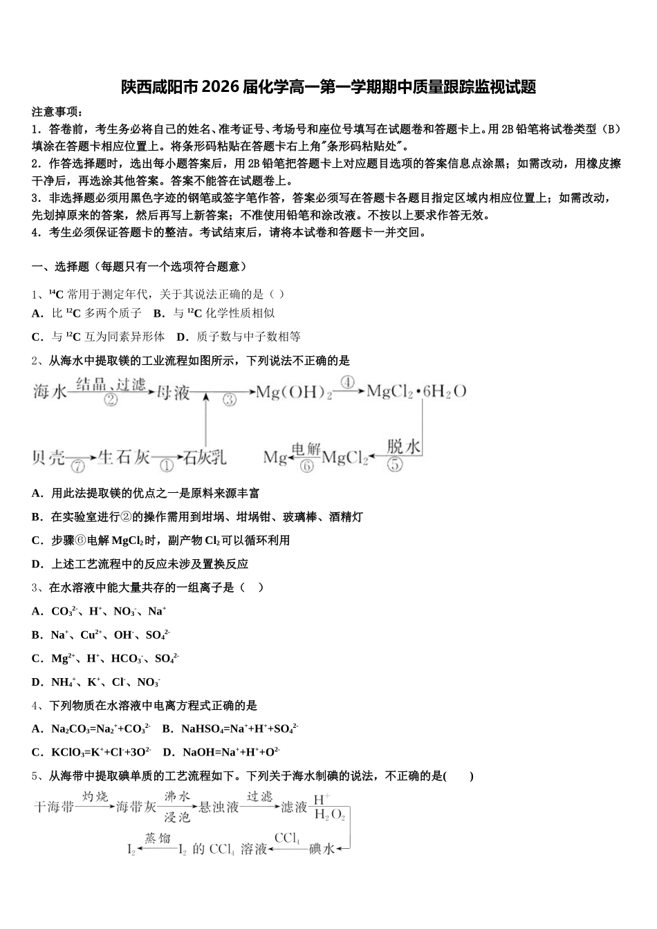 陕西咸阳市2026届化学高一第一学期期中质量跟踪监视试题含解析_第1页