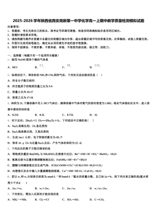 2025-2026学年陕西省西安高新第一中学化学高一上期中教学质量检测模拟试题含解析