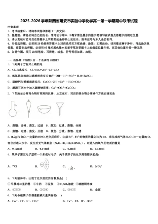 2025-2026学年陕西省延安市实验中学化学高一第一学期期中联考试题含解析