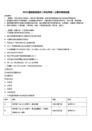 2026届陕西省西乡二中化学高一上期中预测试题含解析