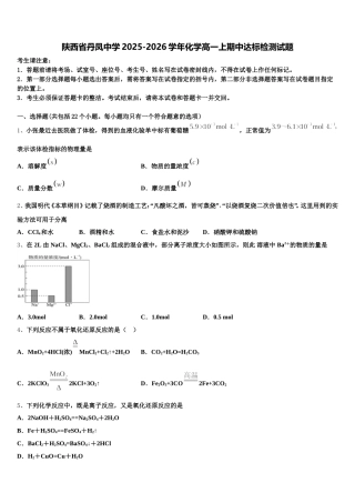 陕西省丹凤中学2025-2026学年化学高一上期中达标检测试题含解析