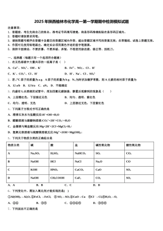 2025年陕西榆林市化学高一第一学期期中检测模拟试题含解析