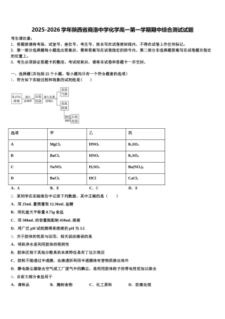 2025-2026学年陕西省商洛中学化学高一第一学期期中综合测试试题含解析