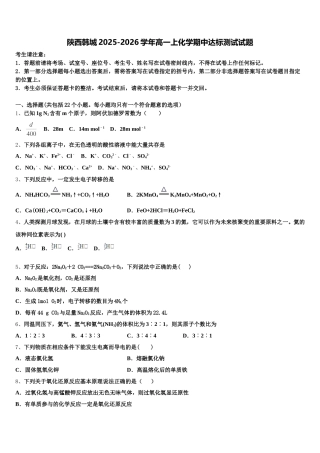 陕西韩城2025-2026学年高一上化学期中达标测试试题含解析