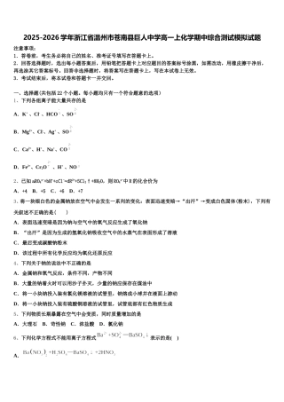 2025-2026学年浙江省温州市苍南县巨人中学高一上化学期中综合测试模拟试题含解析
