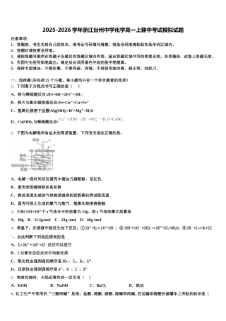 2025-2026学年浙江台州中学化学高一上期中考试模拟试题含解析