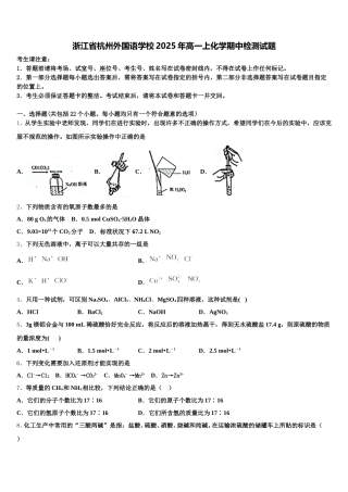 浙江省杭州外国语学校2025年高一上化学期中检测试题含解析