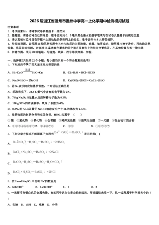 2026届浙江省温州市温州中学高一上化学期中检测模拟试题含解析