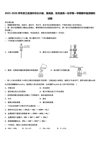2025-2026学年浙江省湖州市长兴县、德清县、安吉县高一化学第一学期期中监测模拟试题含解析