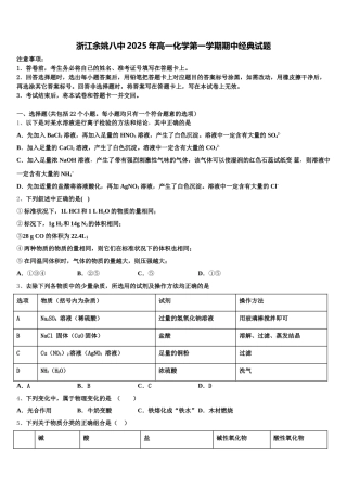 浙江余姚八中2025年高一化学第一学期期中经典试题含解析