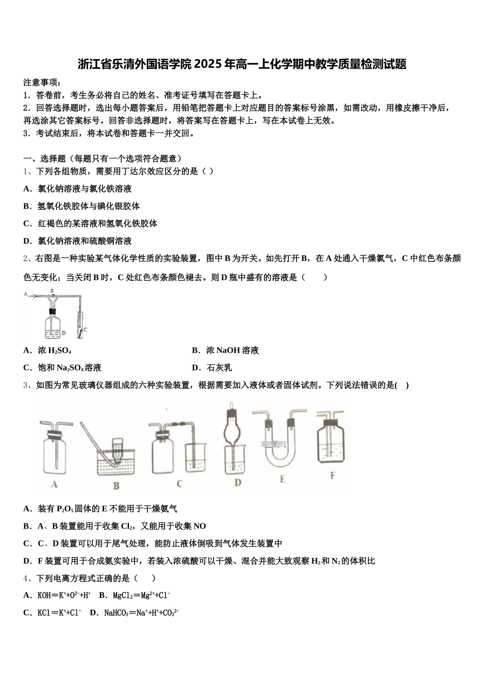 浙江省乐清外国语学院2025年高一上化学期中教学质量检测试题含解析_第1页