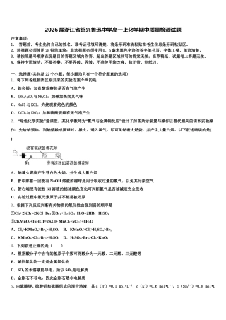 2026届浙江省绍兴鲁迅中学高一上化学期中质量检测试题含解析