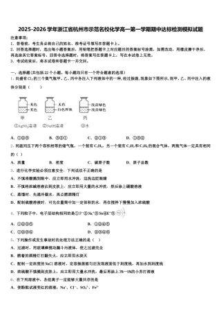 2025-2026学年浙江省杭州市示范名校化学高一第一学期期中达标检测模拟试题含解析
