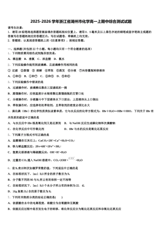 2025-2026学年浙江省湖州市化学高一上期中综合测试试题含解析