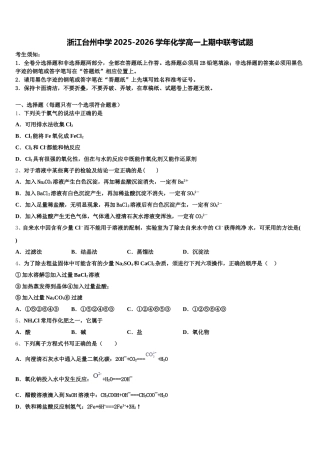 浙江台州中学2025-2026学年化学高一上期中联考试题含解析